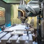 Proceso de fresado en máquina de maquinado CNC sobre pieza metálica plana con refrigerante líquido en primer plano.