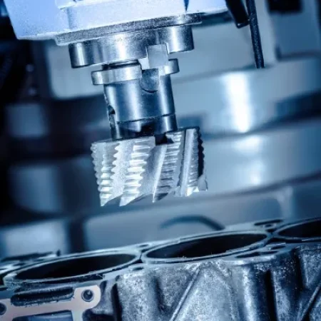 Proceso con diferentes tipos de maquinado usando una fresadora industrial sobre un bloque de motor de metal.